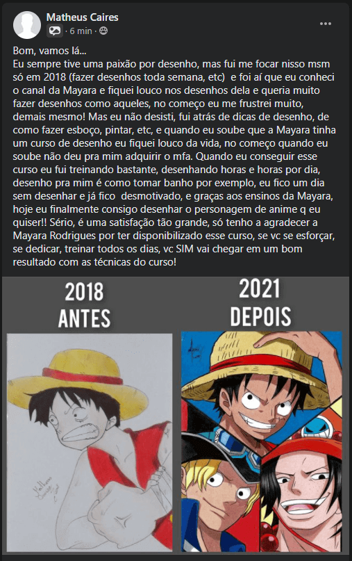 Desenvolvido com uma sequência de exercícios comprovados cientificamente, o Método Fanart visa aprimorar a percepção, coordenação e criatividade dos alunos no desenho. A metodologia é simples: basta aprender os exercícios propostos e treinar de 15 a 20 minutos por dia, permitindo que a evolução na qualidade e detalhamento dos desenhos seja gradualmente alcançada.