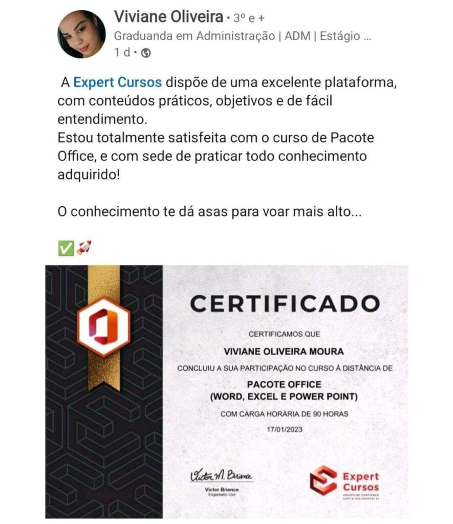 Como funciona o Formação Pacote Office? A Formação Pacote Office é um curso que valoriza o tempo dos alunos, oferecendo vídeo aulas com duração máxima de 20 minutos. O conteúdo é direto e inclui a execução passo a passo de todos os módulos, além de exercícios práticos. Nesse curso, você aprenderá tudo sobre Word, Excel e Power Point, desde o nível básico ao avançado. Ao concluir o curso, receberá um certificado reconhecido como capacitação profissional, com uma carga horária total de 90 horas. Além disso, terá acesso vitalício ao curso e a uma Área de Membros exclusiva, onde poderá tirar todas as suas dúvidas com os professores. Confira abaixo todo o conteúdo abordado no curso. Vale a pena aprender o pacote Office? Aprender o Pacote Office, que inclui programas como Word, Excel e PowerPoint, pode ser um investimento valioso. Dominar essas ferramentas é essencial no mercado de trabalho, aumenta a eficiência e produtividade, facilita a comunicação e colaboração em equipes, possui aplicação ampla e promove o autodesenvolvimento contínuo. Em resumo, aprender o Pacote Office oferece benefícios significativos para o sucesso profissional e pessoal.