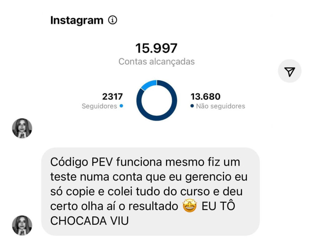 Código PEV Funciona? Sim, o Código PEV funciona. O Código PEV é uma forma de conteúdo que cresce seu Instagram em até 90 dias e traz engajamento instantâneo para o seu perfil. Assim, com uma didática simples e uma metodologia eficiente, basta copiar e colar e esperar as notificações do Instagram. O Código PEV Vale a Pena? Sim, o Código PEV vale a pena. Além de engajar, o código PEV também vai te ajudar a vender mais. Com estratégias de marketing bem definidas, você pode esperar um aumento nas vendas do seu produto ou serviço.