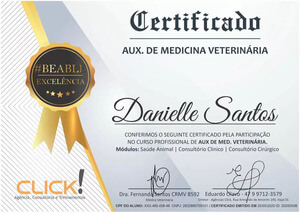 ClickVET - International Funciona? Sim, ClickVET - International funciona. O curso de Auxiliar Veterinário oferecido pela empresa ClickVet é uma opção de formação online para quem ama animais e deseja ingressar na área veterinária como auxiliar. ClickVET - International Vale a Pena? Sim, ClickVET - International vale a pena. Além do certificado, o aluno pode solicitar uma carta de recomendação para estágio ou emprego assinada pela diretoria da ClickVet. Essa carta pode ser usada ao procurar oportunidades de trabalho em clínicas, hospitais veterinários, Petshops, Banho e Tosa, entre outros estabelecimentos relacionados ao cuidado com animais.