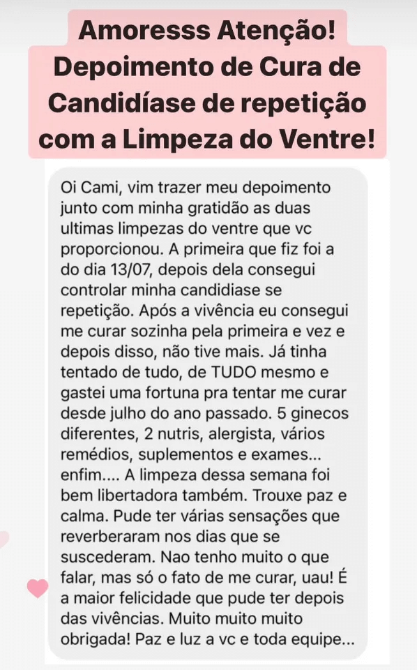 Limpeza do Ventre Funciona? Sim, Limpeza do Ventre funciona. O curso "Vivência LIMPEZA DO VENTRE - Manifeste a sua Alma Gêmea" é uma experiência online destinada a mulheres que desejam liberar bloqueios emocionais e energéticos relacionados a relacionamentos passados e manifestar um amor saudável e maduro.  Limpeza do Ventre Vale a Pena? Sim, Limpeza do Ventre vale a pena. O objetivo principal do curso é ajudar as participantes a liberar memórias de relacionamentos abusivos, desequilibrados e incompatíveis com suas ancestrais, descobrir e liberar feridas emocionais, liberar dores de términos de relacionamentos, traumas de abusos e traições, além de trabalhar o equilíbrio das energias feminina e masculina e a conexão com a receptividade sexual e os potenciais de prazer.