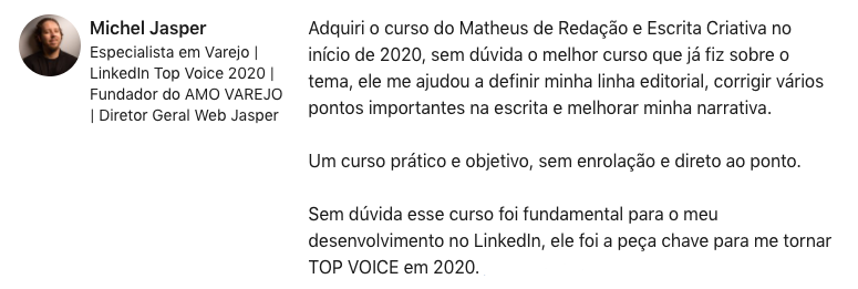 O Curso Escrita Criativa Funciona? Sim, o Curso Escrita Criativa funciona. O curso é dividido em várias seções que abordam diversos aspectos da escrita criativa. Cada seção contém módulos temáticos que tratam de diferentes tópicos relacionados à escrita. Os módulos variam desde a formação como leitor e escritor até teorias da narrativa, processo criativo, expressão na não ficção, desenvolvimento de identidade e escrita na prática. Há também um módulo dedicado ao processo de edição. O curso é composto por videoaulas, aulas bônus, materiais de apoio e exercícios práticos para os alunos. O Curso Escrita Criativa Vale a Pena? Sim, o Curso Escrita Criativa vale a pena. O curso enfatiza uma abordagem prática e interativa. Os alunos são incentivados a participar de muitos exercícios práticos ao longo do curso para desenvolver suas habilidades de escrita. A metodologia visa romper bloqueios mentais e criativos, oferecendo uma variedade de técnicas retiradas de áreas como storytelling, publicidade, jornalismo, retórica e criação literária.