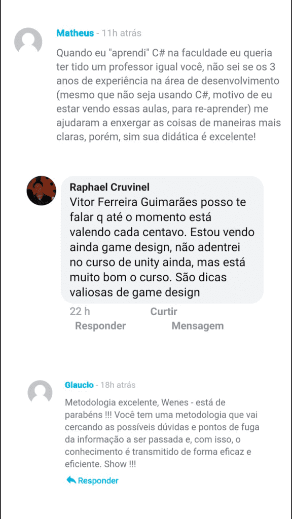 O Curso Start Gamedev Funciona? Sim, o Curso Start Gamedev funciona. O curso tem como objetivo ensinar pessoas sem conhecimento prévio sobre desenvolvimento de jogos a criar o seu primeiro jogo em poucos dias. Ele vai te ensinar passo a passo prático a desenvolver seu próprio jogo. Além disso, é 100% online, permitindo que os alunos assistam de qualquer lugar e a qualquer hora. Ainda possui Suporte direto com o professor através do Telegram para auxiliar os alunos durante todo o processo de aprendizado. O Curso Start Gamedev Vale a Pena? Sim, o Curso Start Gamedev vale a pena. O curso é continuamente atualizado, proporcionando aos alunos acesso a novas informações sem custos adicionais.  O curso é dividido em módulos que cobrem desde a introdução até aspectos específicos do desenvolvimento de jogos, como cenários, personagens, NPCs, sistemas de crafting, plantação, HUD, sistema de pesca, sistema de construção, combate e áudio. Para quem o Curso Start Gamedev é Bom? Destinado a iniciantes sem conhecimento prévio em desenvolvimento de jogos. Pessoas interessadas em criar seu primeiro jogo de forma prática e rápida, visando até mesmo o uso do jogo como portfólio para possíveis oportunidades de emprego na indústria de desenvolvimento de jogos.