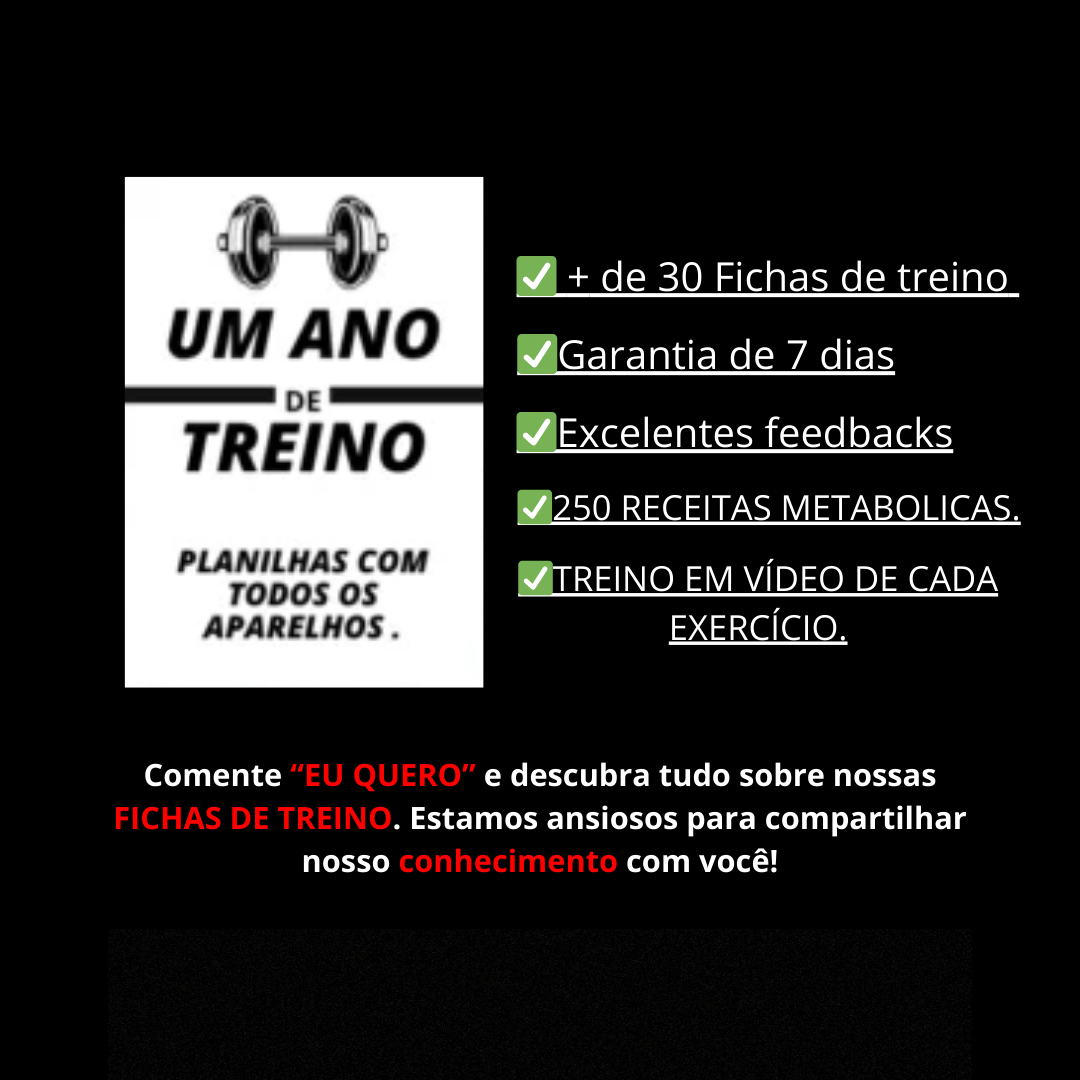 +100 Planilhas de Treino Funciona? Sim, +100 Planilhas de Treino funciona. Você está em busca de um treino eficiente e personalizado? Cansado de passar horas procurando exercícios na internet e ainda sem alcançar os resultados desejados? O curso de treinamento com todas as planilhas de treino é a solução ideal para quem quer maximizar seus resultados com um plano ajustado ao seu biotipo e nível de experiência. +100 Planilhas de Treino Vale a Pena? Sim, +100 Planilhas de Treino vale a pena. Essa planilhas oferecem mais de 100 planilhas de treino personalizadas, adaptadas para iniciantes, intermediários e avançados. As planilhas incluem métodos como PHAT (Power Hypertrophy Adaptive Training), Upper/Lower Push/Pull, Fullbody, treinos metabólicos e muito mais. Você terá treinos focados em cada grupamento muscular, eliminando a dúvida sobre volume e variação de treino. Com isso, você não precisará mais depender de fichas de academia, tudo estará ao seu alcance. Para quem +100 Planilhas de Treino é Bom? Iniciantes: Pessoas que estão começando a treinar e não sabem qual é o melhor treino ou aparelho para usar. O curso oferece uma orientação clara com treinos personalizados, facilitando o processo de adaptação à academia. Personal Trainers: Profissionais que desejam ampliar sua variedade de treinos para oferecer mais opções aos seus alunos. Eles também podem usar os vídeos explicativos para garantir que seus alunos realizem os exercícios corretamente. Alunos Avançados: Aqueles que já possuem experiência, mas estão buscando melhorar seus resultados, sair de platôs e explorar novas metodologias para maximizar seus ganhos.